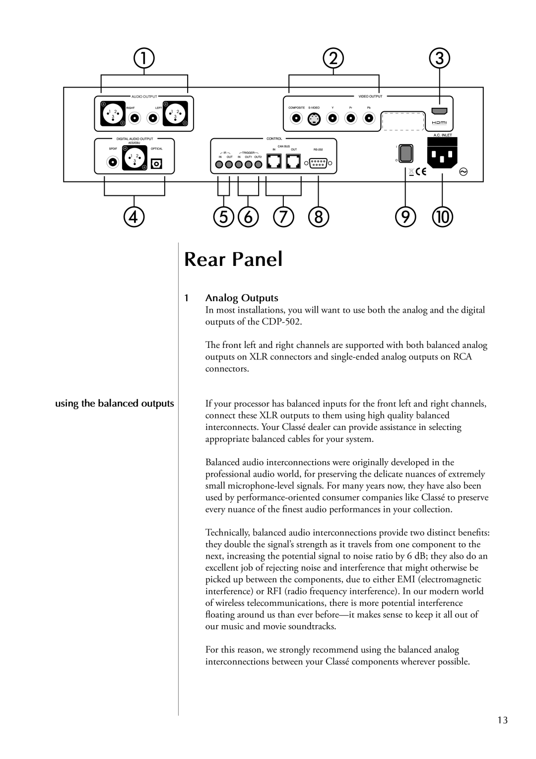 Classe Audio CDP-502 owner manual Rear Panel, Analog Outputs 