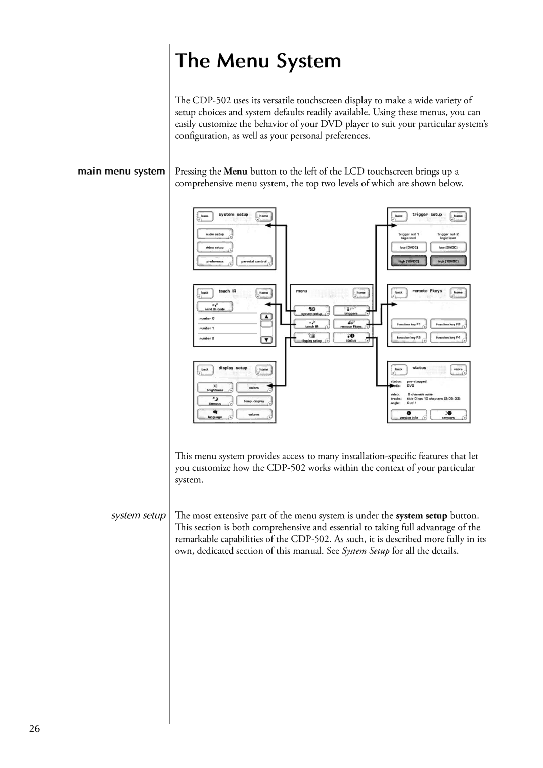 Classe Audio CDP-502 owner manual Menu System, Main menu system, System setup 