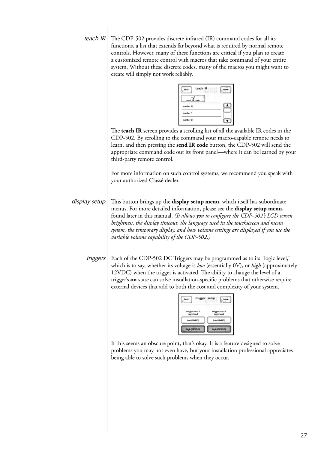 Classe Audio CDP-502 owner manual Teach IR Display setup Triggers 