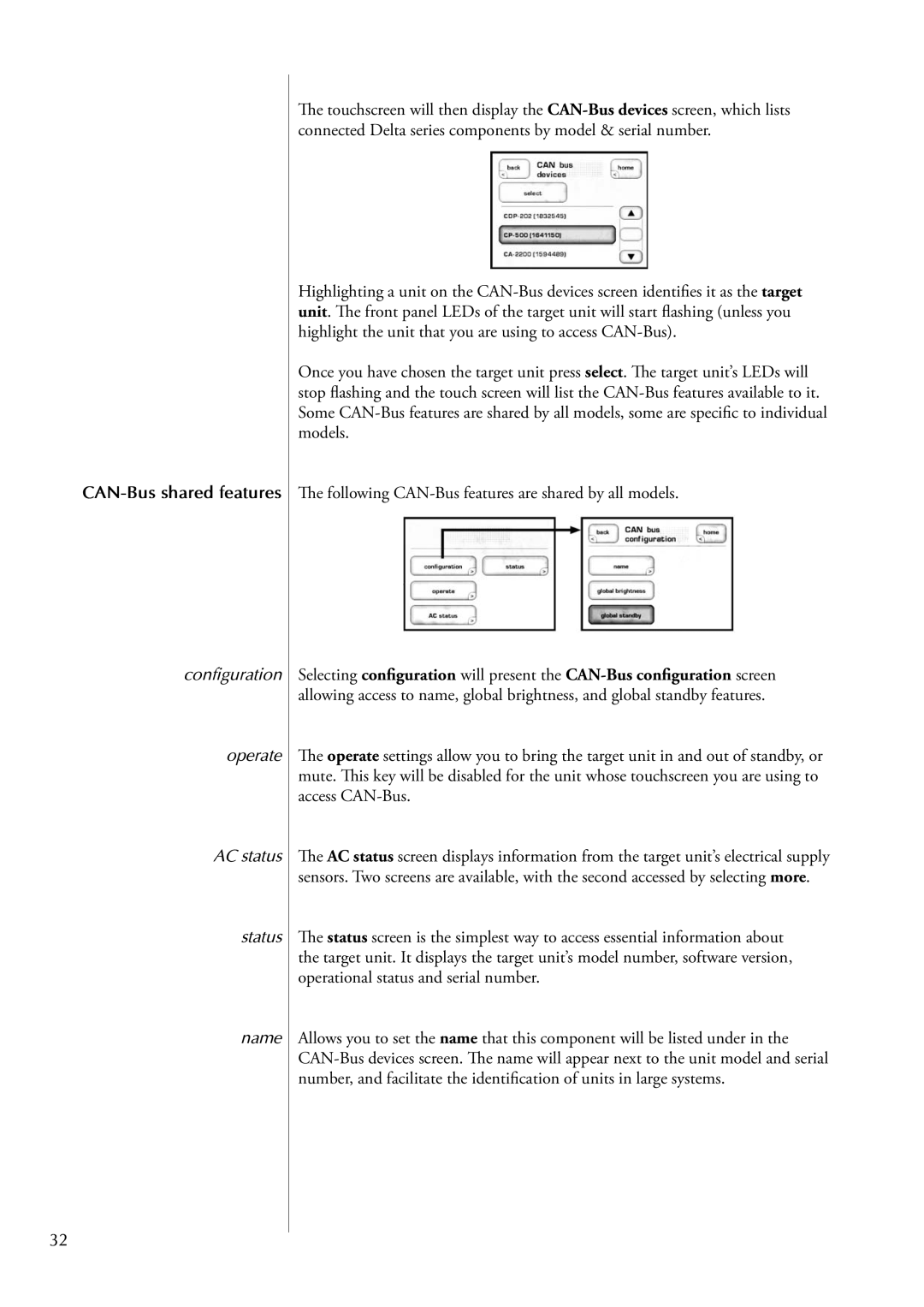 Classe Audio CDP-502 owner manual CAN-Bus shared features, Configuration Operate AC status Status Name 