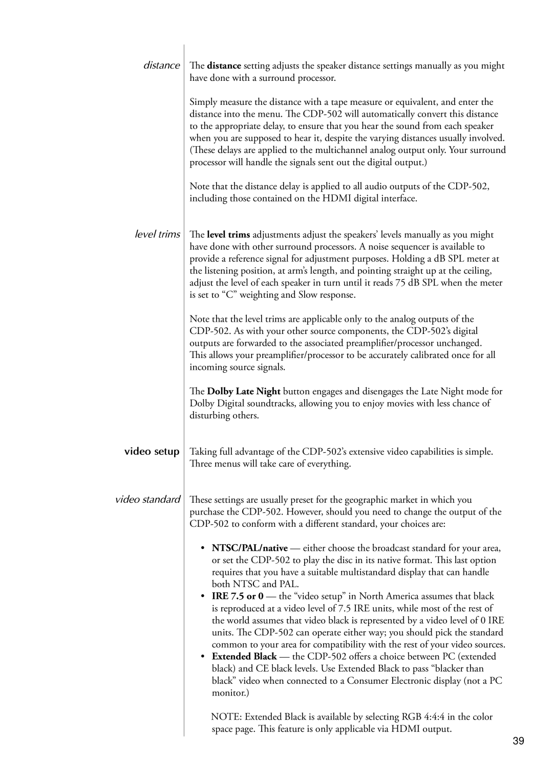 Classe Audio CDP-502 owner manual Distance Level trims, Video setup, Video standard 