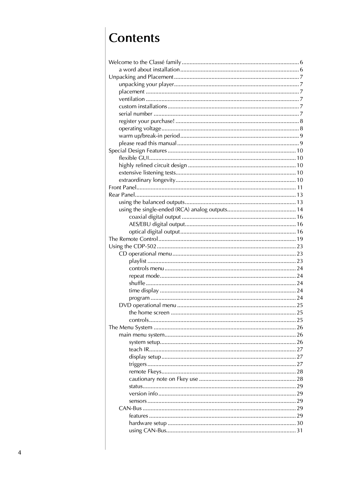 Classe Audio CDP-502 owner manual Contents 