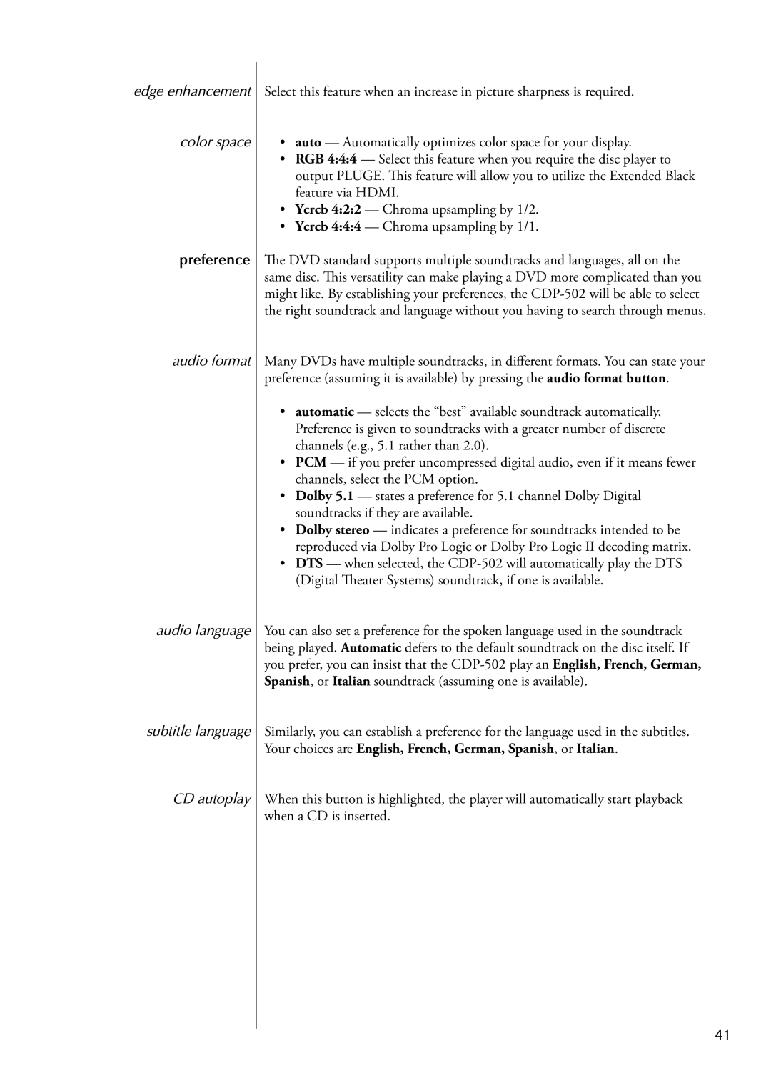 Classe Audio CDP-502 Edge enhancement Color space, Preference, Audio format Audio language Subtitle language CD autoplay 