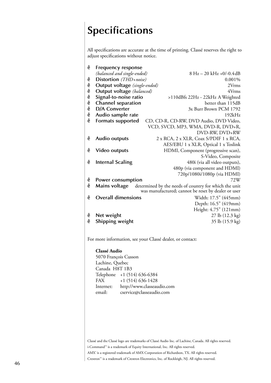 Classe Audio CDP-502 owner manual Specifications 