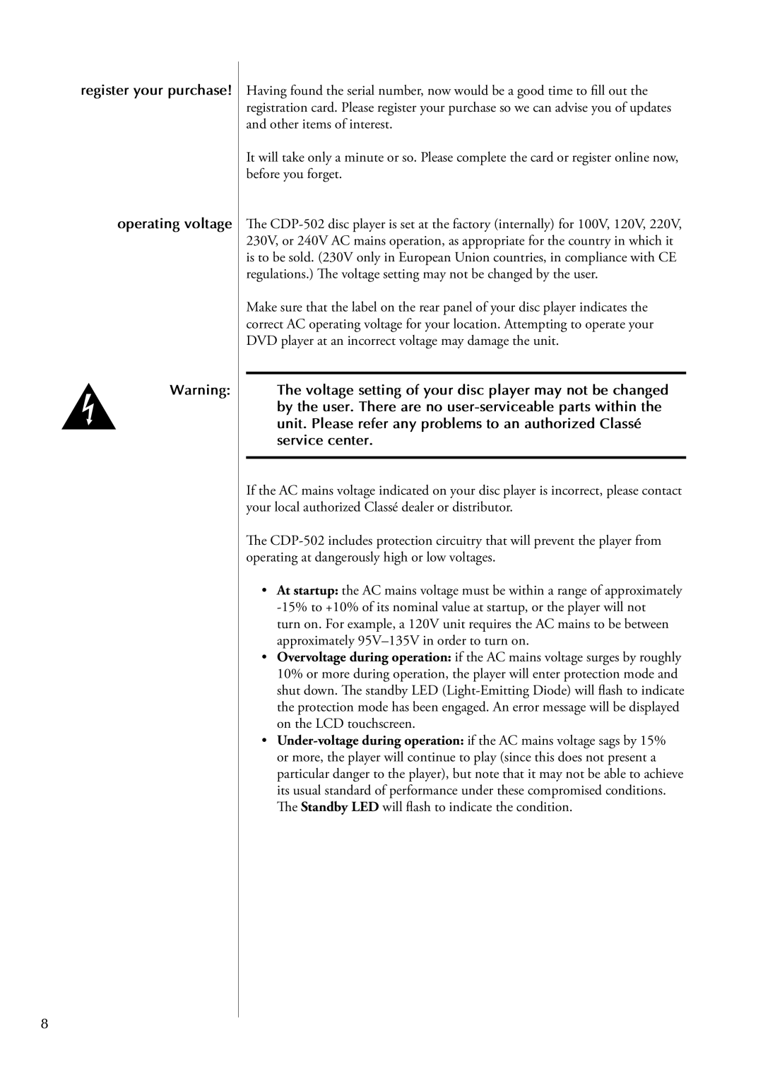 Classe Audio CDP-502 owner manual Register your purchase Operating voltage 