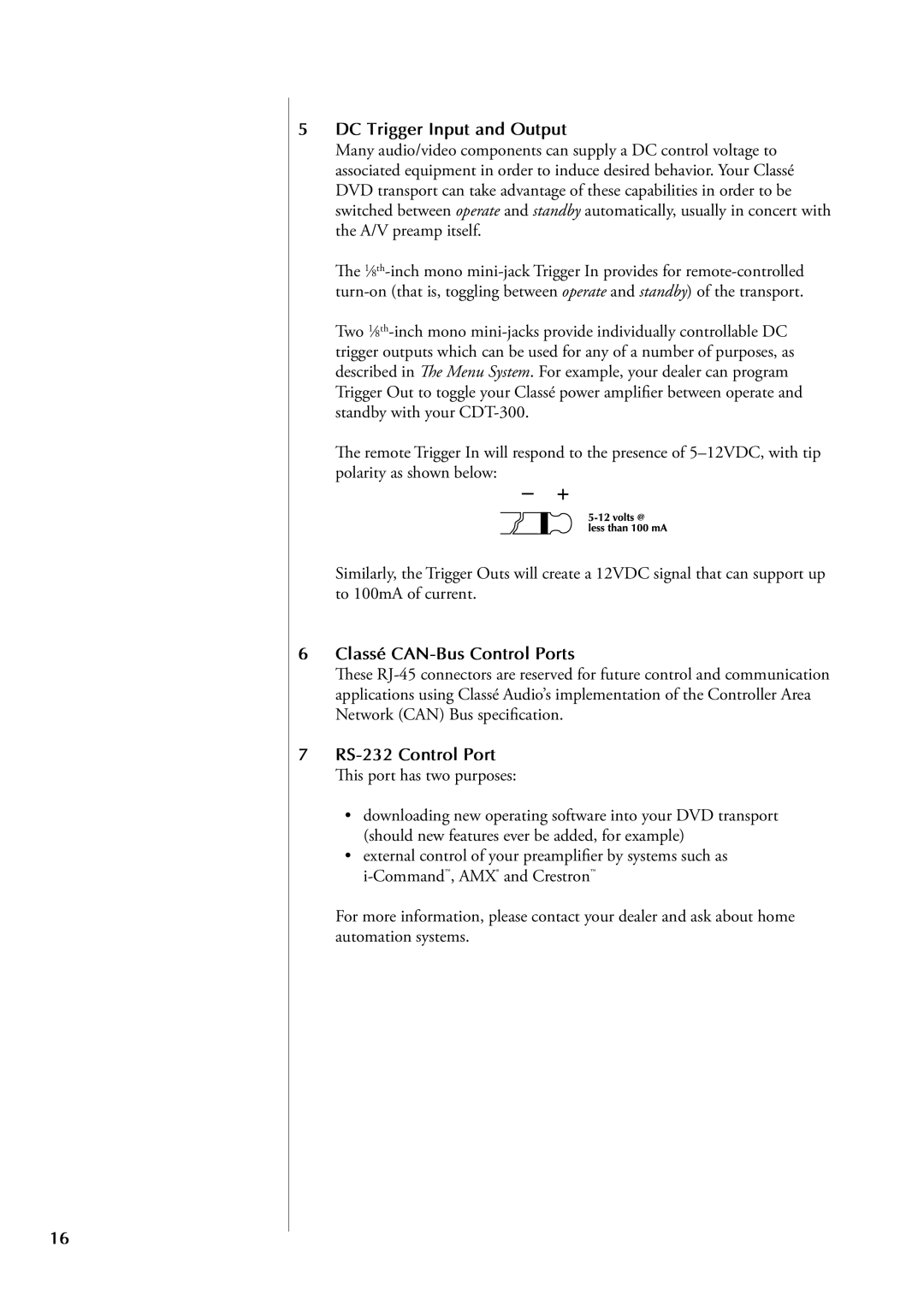 Classe Audio CDT-300 owner manual DC Trigger Input and Output, Classé CAN-Bus Control Ports, RS-232 Control Port 