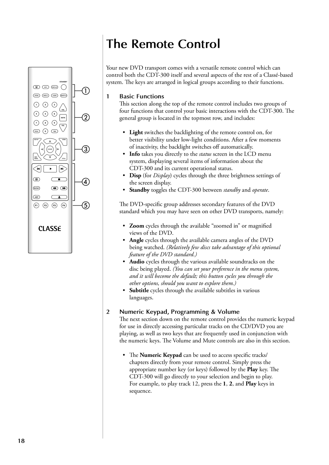 Classe Audio CDT-300 owner manual Remote Control, Basic Functions, Numeric Keypad, Programming & Volume 