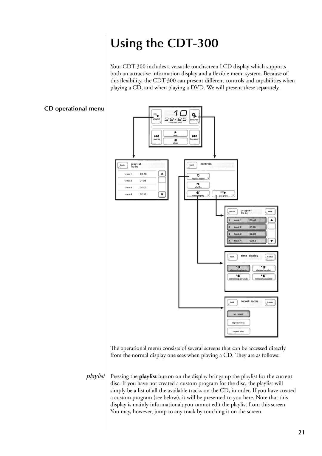 Classe Audio owner manual Using the CDT-300, CD operational menu, Playlist 