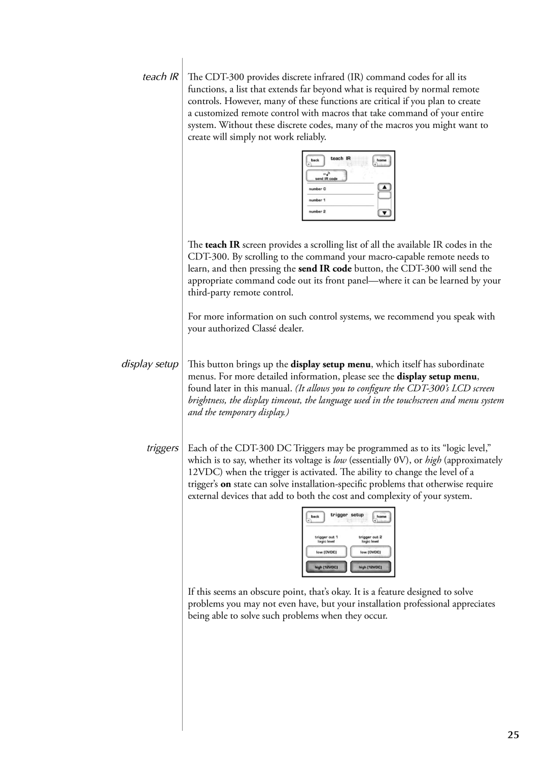 Classe Audio CDT-300 owner manual Teach IR Display setup Triggers 