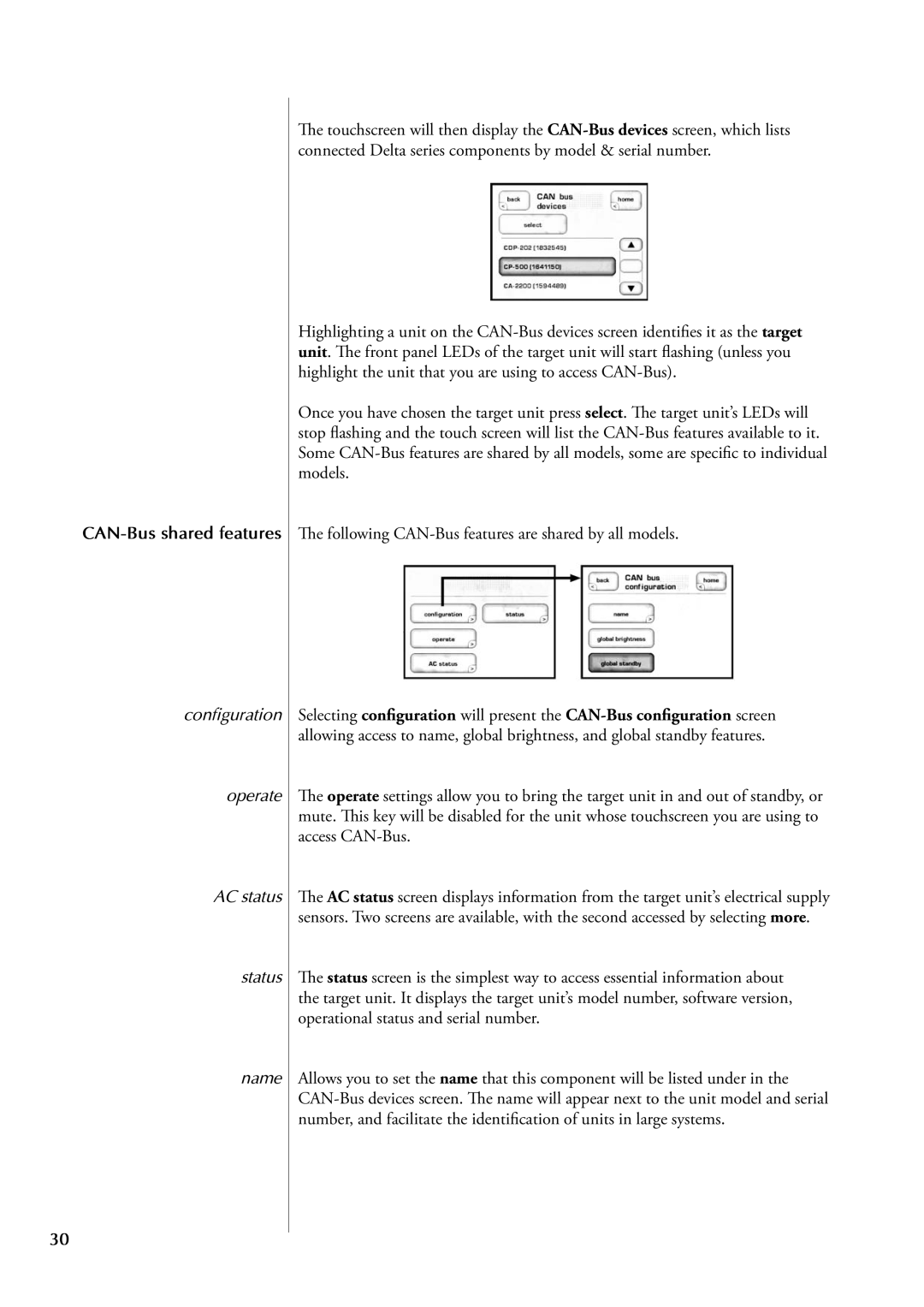 Classe Audio CDT-300 owner manual CAN-Bus shared features, Configuration Operate AC status Status Name 