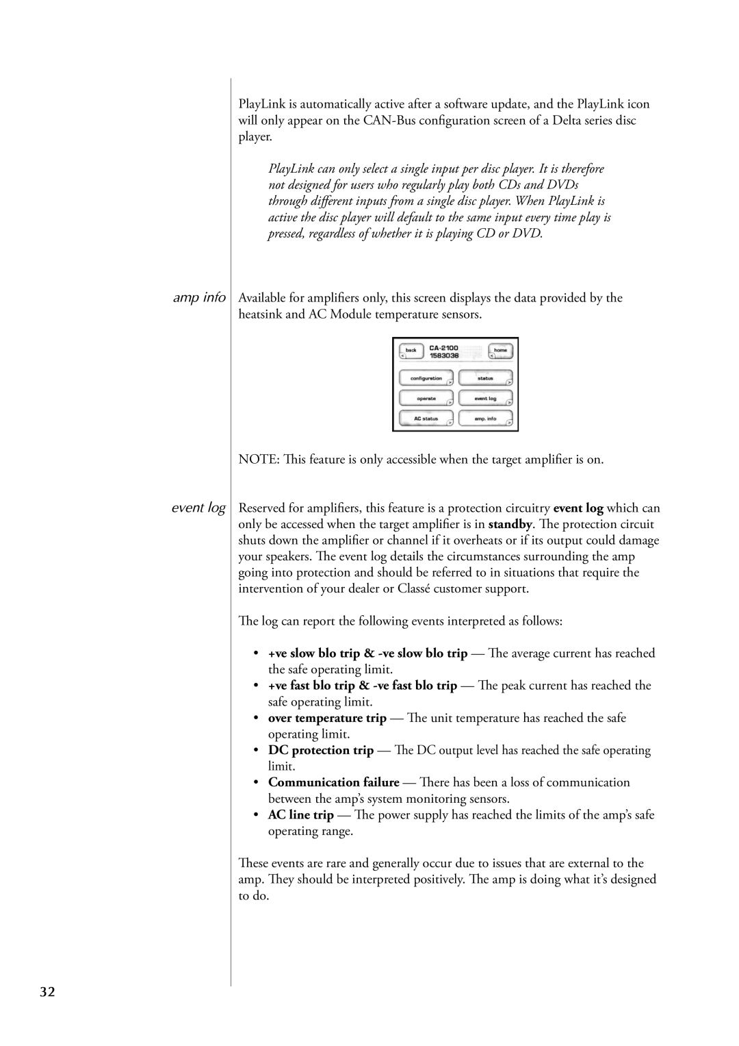 Classe Audio CDT-300 owner manual Amp info Event log 