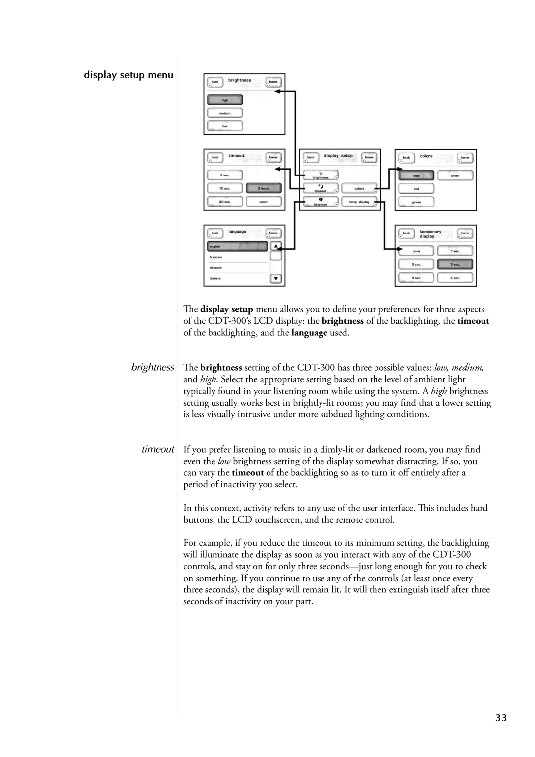 Classe Audio CDT-300 owner manual Display setup menu, Brightness Timeout 