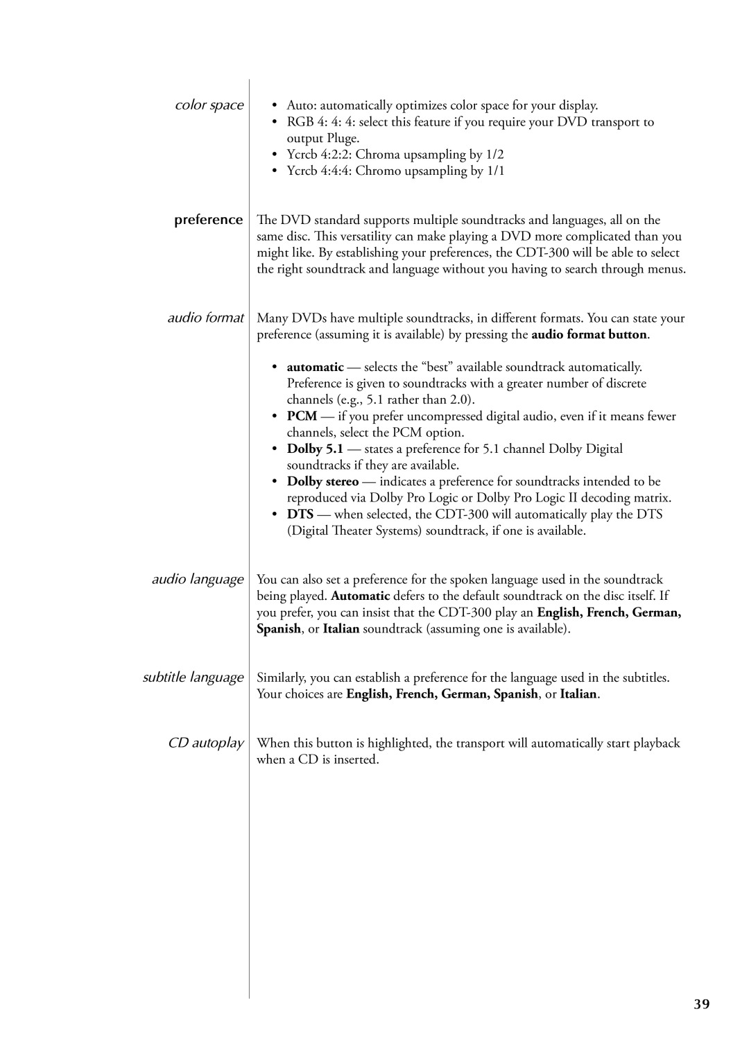 Classe Audio CDT-300 owner manual Color space, Preference, Audio format Audio language Subtitle language CD autoplay 