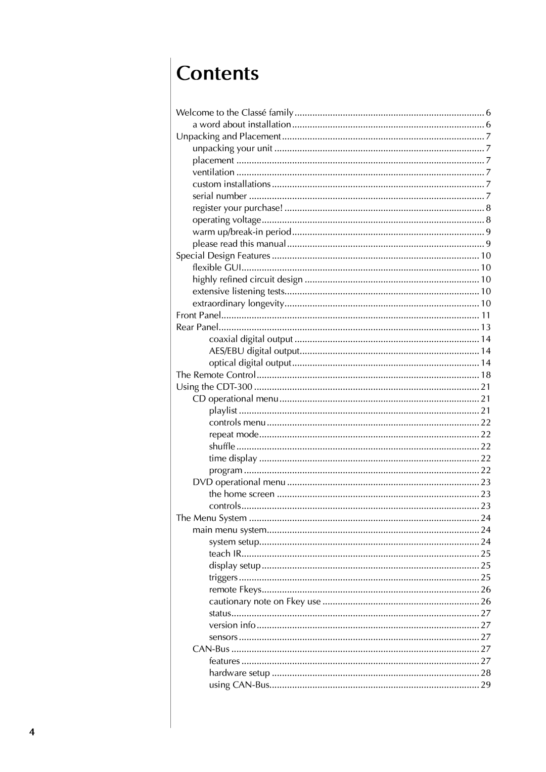 Classe Audio CDT-300 owner manual Contents 