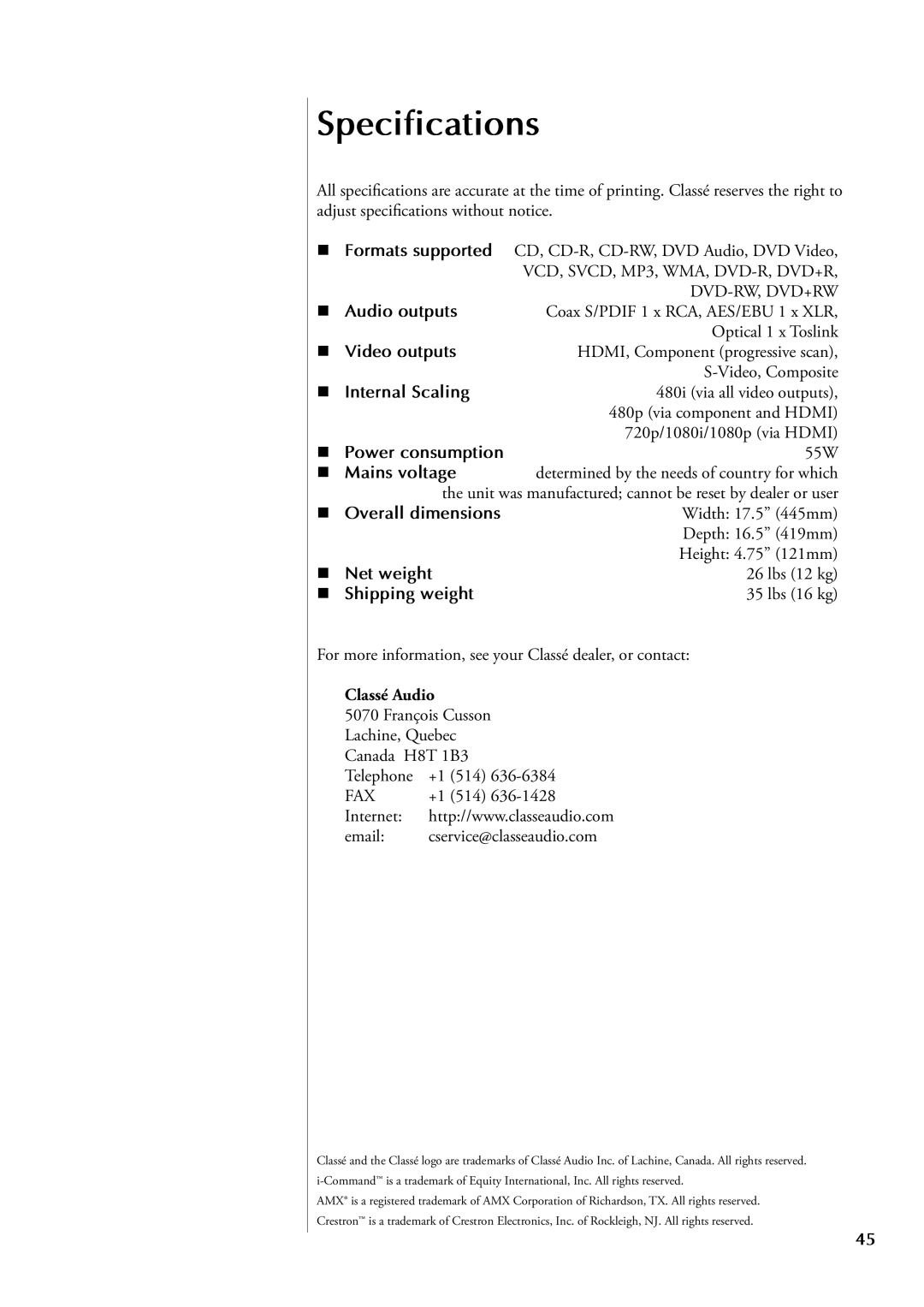 Classe Audio CDT-300 owner manual Specifications 