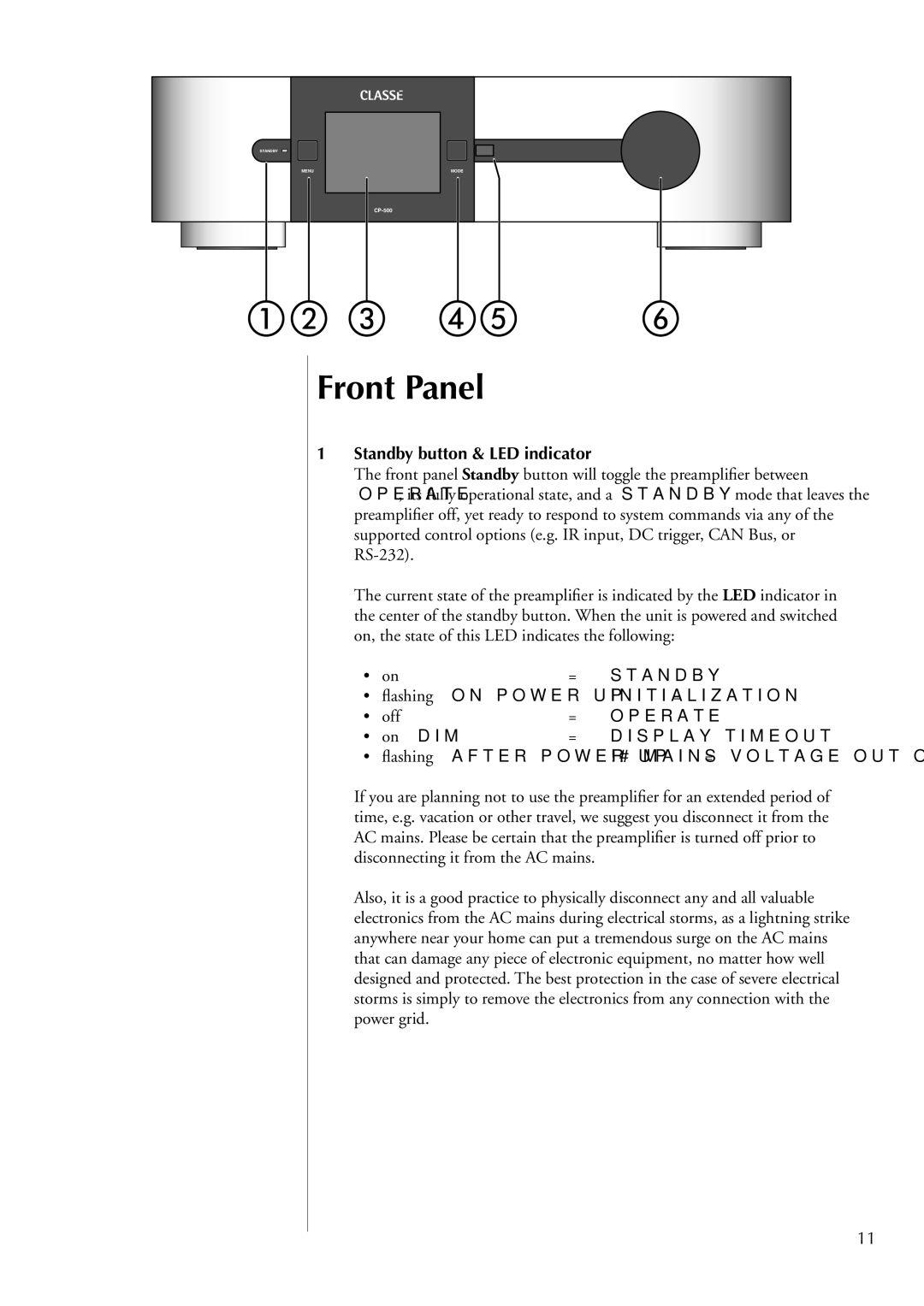 Classe Audio CP-500 owner manual Front Panel, Standby button & LED indicator 