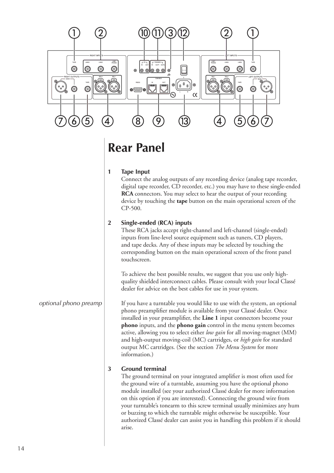 Classe Audio CP-500 owner manual Rear Panel, Tape Input, Single-ended RCA inputs, Ground terminal 