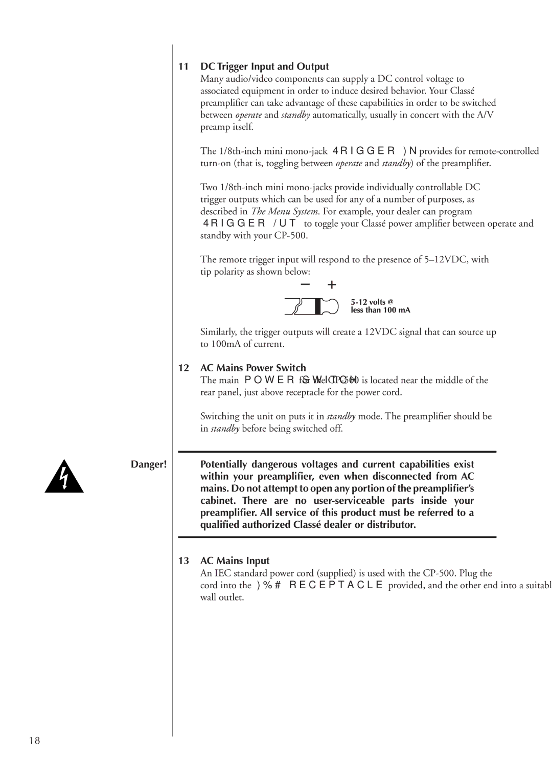 Classe Audio CP-500 owner manual DC Trigger Input and Output, AC Mains Power Switch, AC Mains Input 