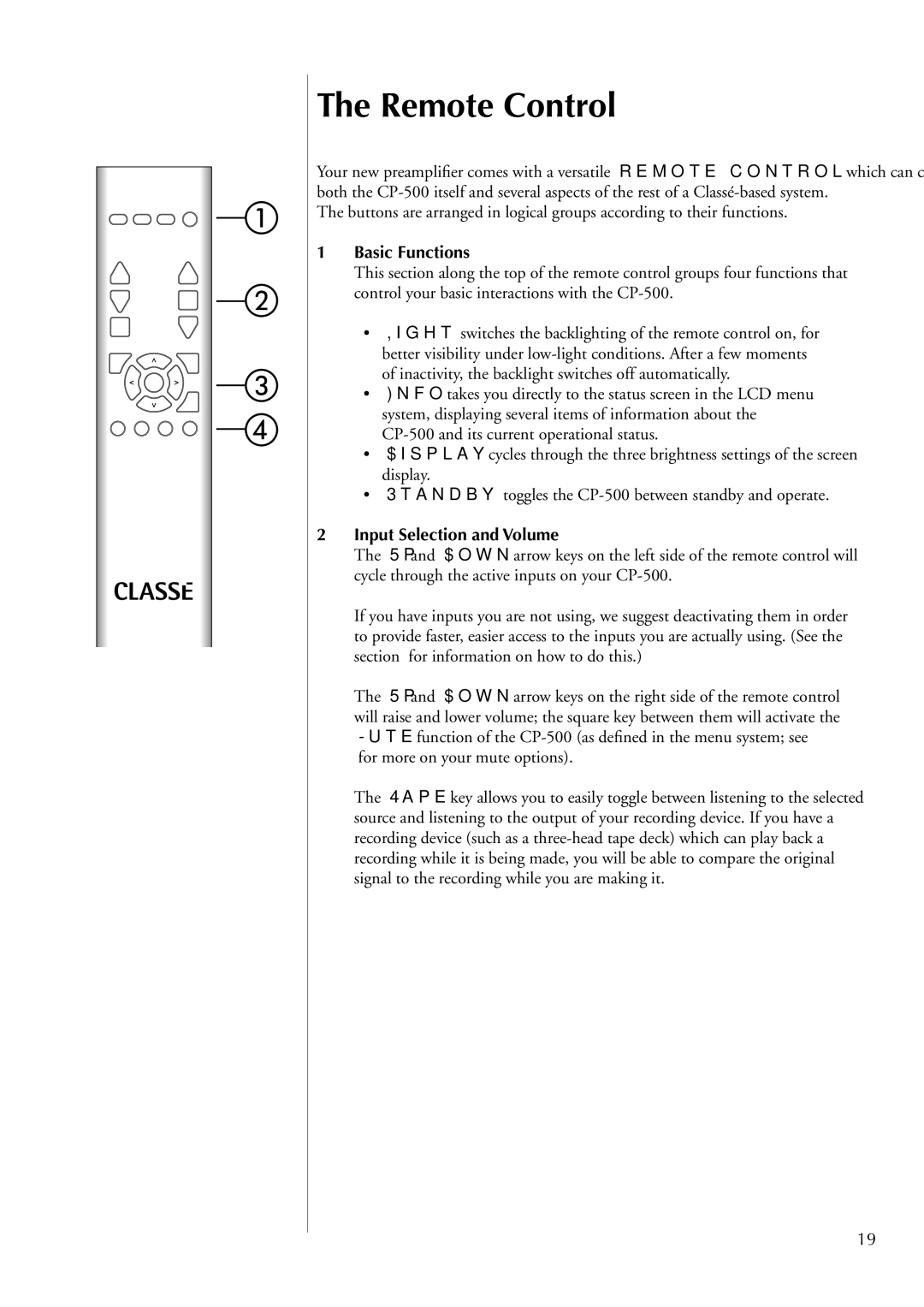 Classe Audio CP-500 owner manual Remote Control, Basic Functions, Input Selection and Volume 