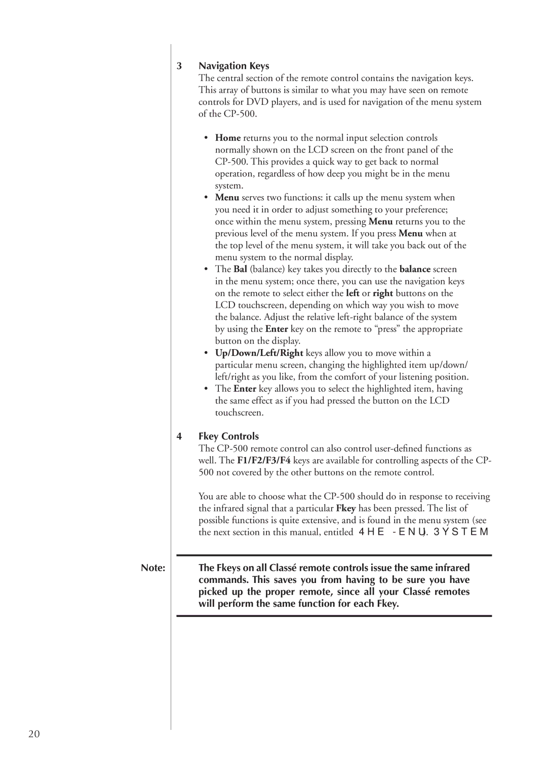 Classe Audio CP-500 owner manual Navigation Keys, Fkey Controls 