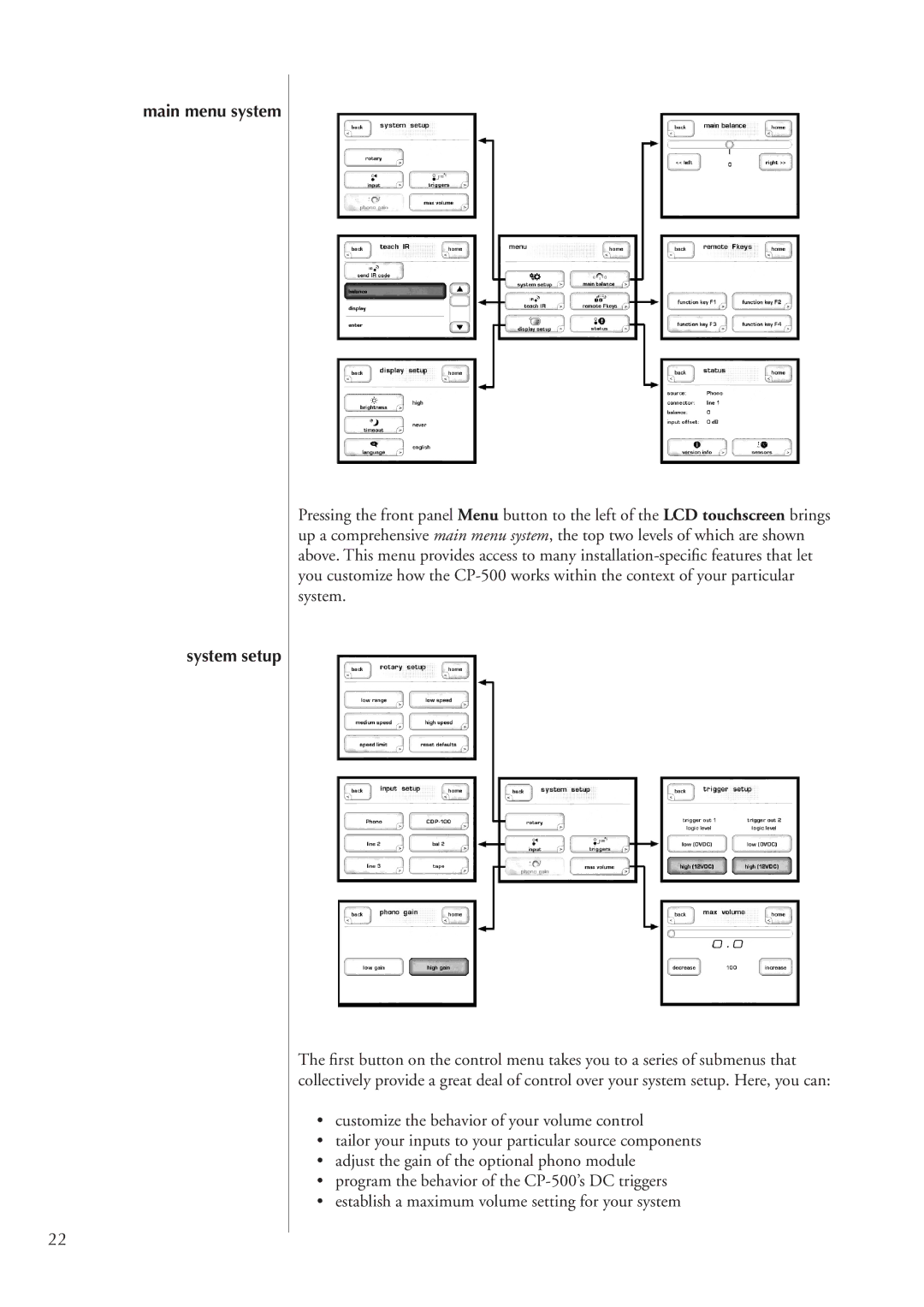 Classe Audio CP-500 owner manual Main menu system System setup 