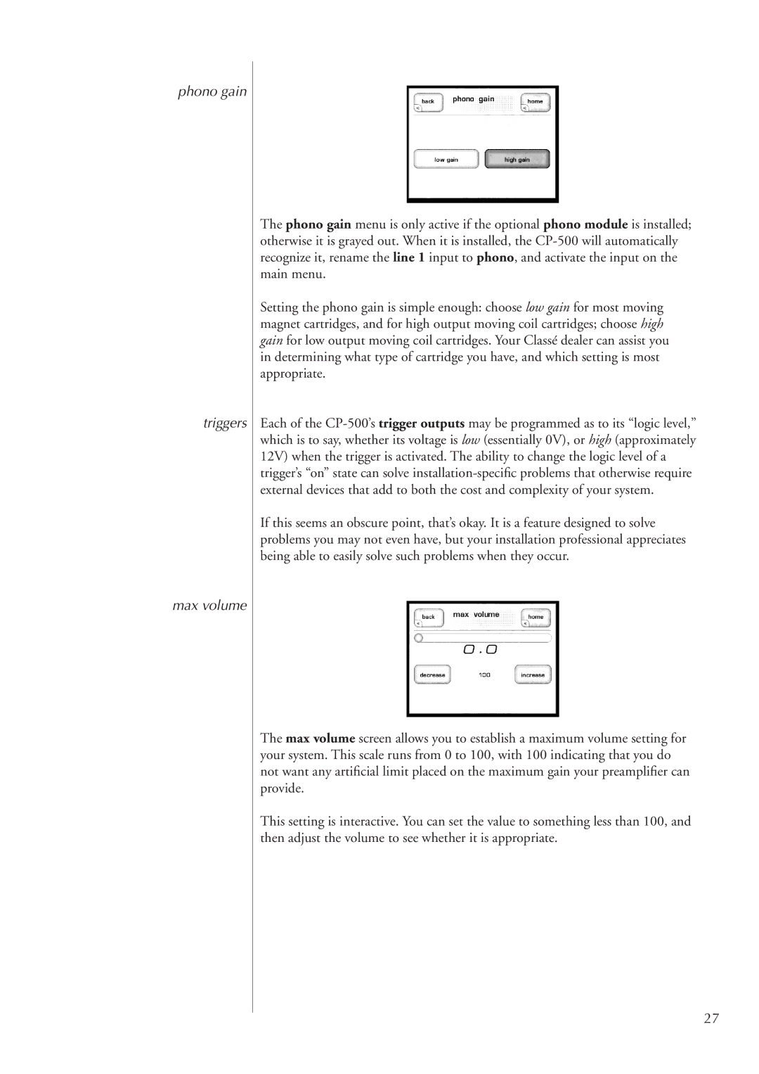 Classe Audio CP-500 owner manual Phono gain Triggers Max volume 