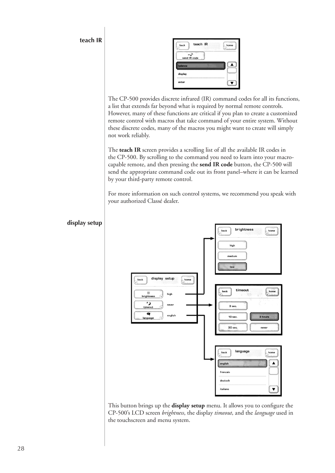 Classe Audio CP-500 owner manual Teach IR Display setup 