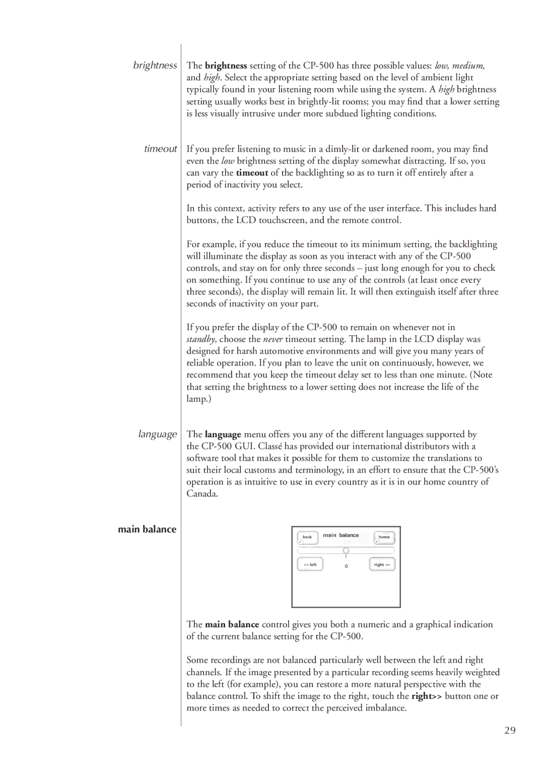 Classe Audio CP-500 owner manual Main balance 