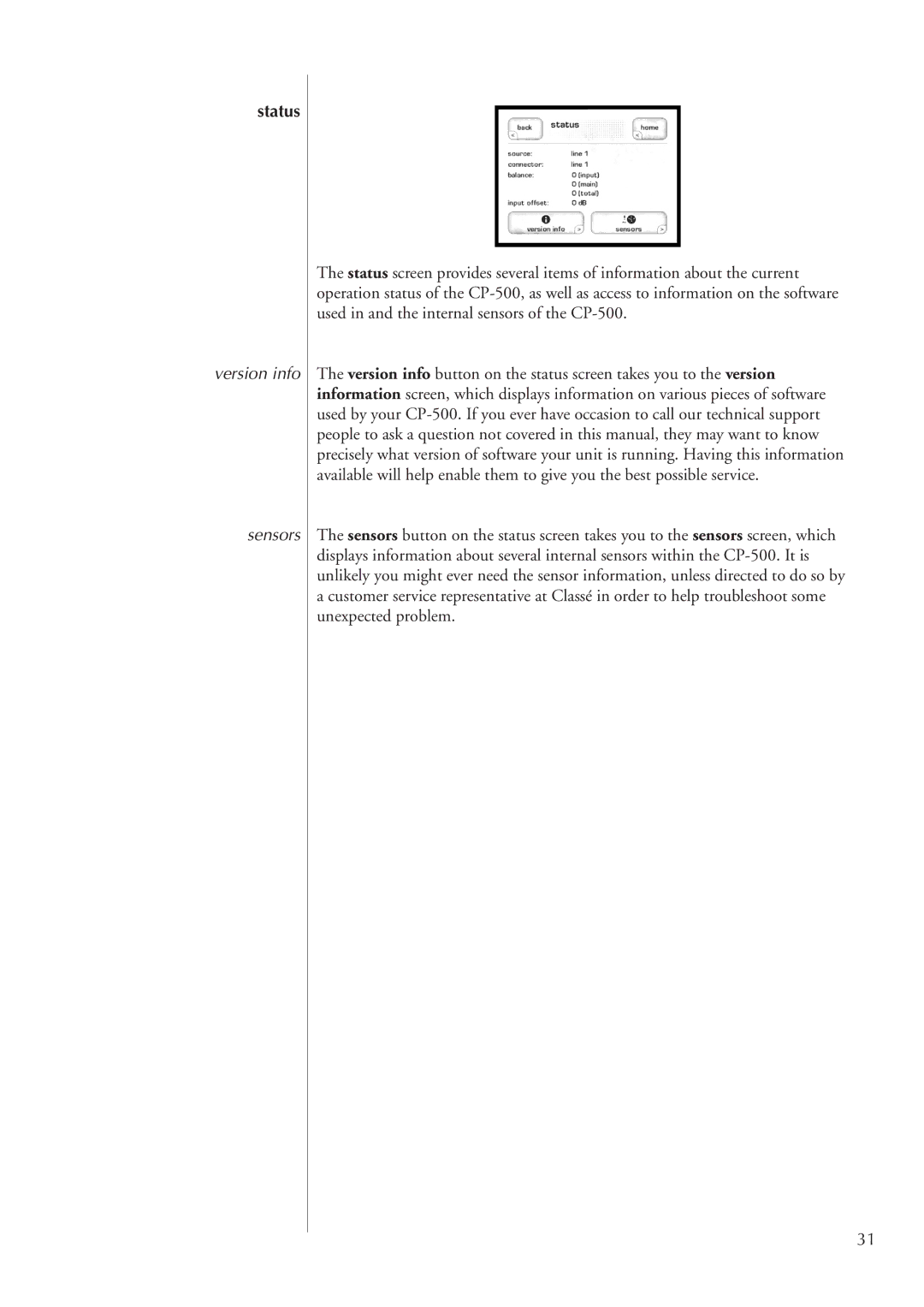 Classe Audio CP-500 owner manual Status, Version info Sensors 