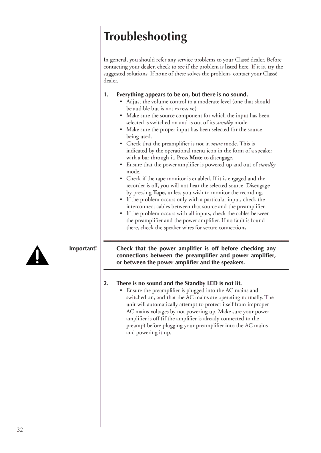 Classe Audio CP-500 owner manual Troubleshooting, Everything appears to be on, but there is no sound 