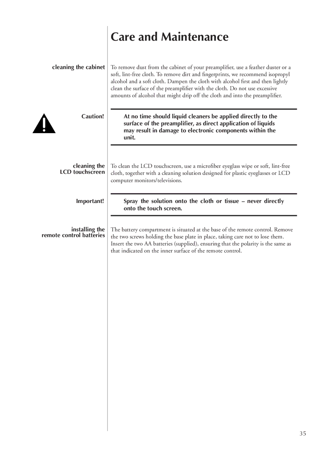 Classe Audio CP-500 owner manual Care and Maintenance, Cleaning the cabinet 