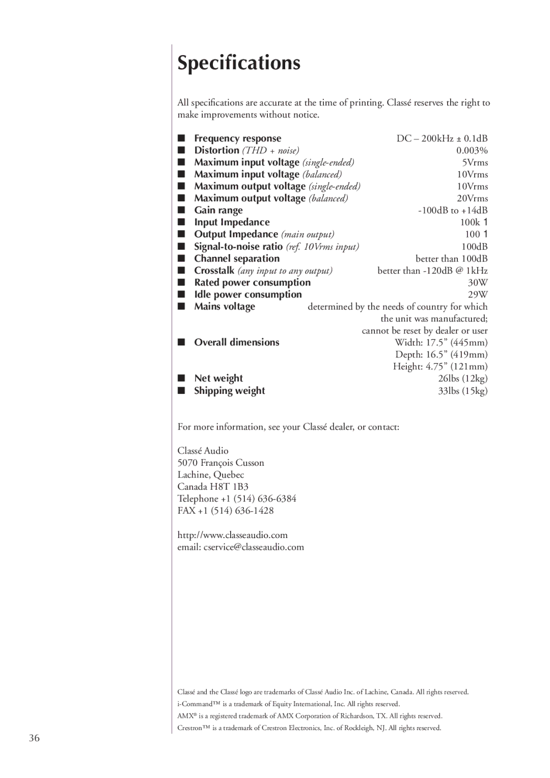 Classe Audio CP-500 owner manual Speciﬁcations 