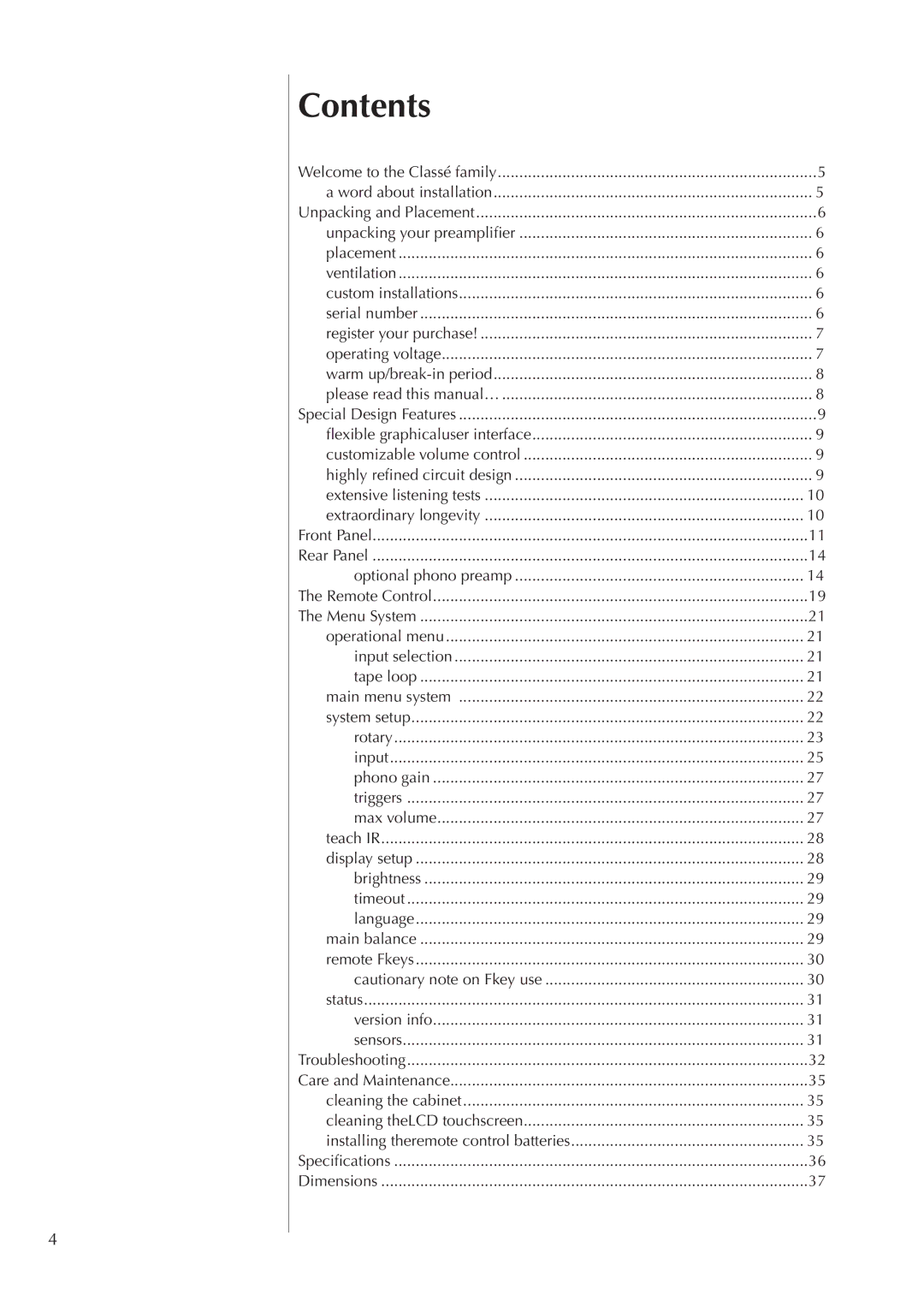 Classe Audio CP-500 owner manual Contents 