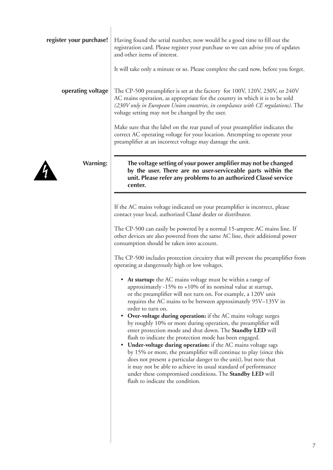 Classe Audio CP-500 owner manual Operating voltage 