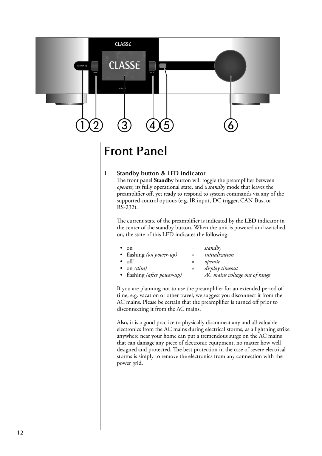 Classe Audio cp-700 owner manual Front Panel, Standby button & LED indicator 