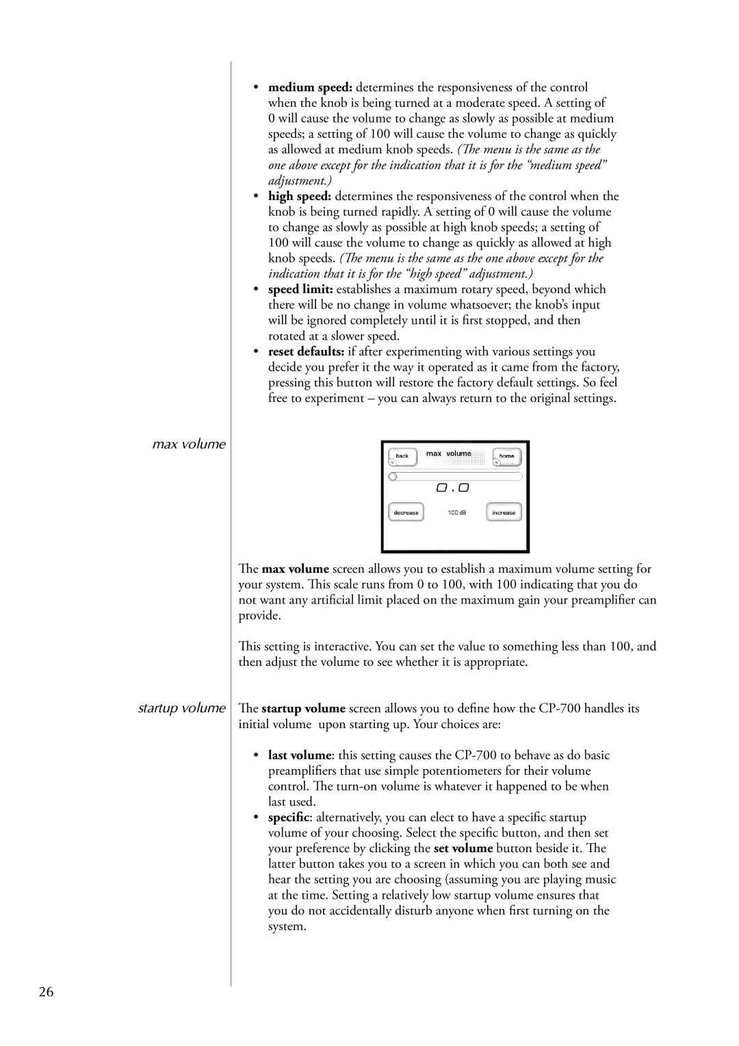 Classe Audio cp-700 owner manual Max volume Startup volume 