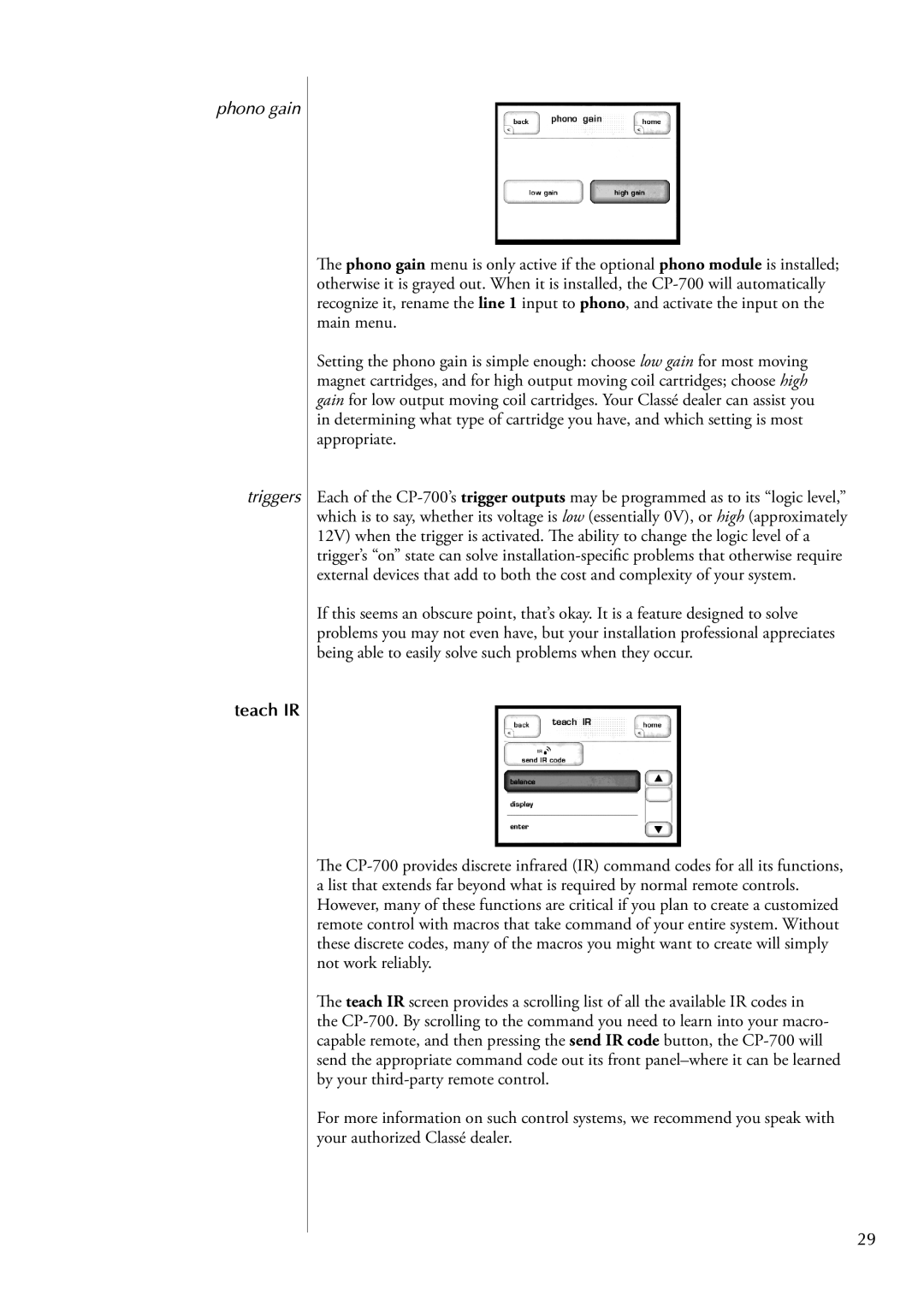 Classe Audio cp-700 owner manual Phono gain Triggers, Teach IR 