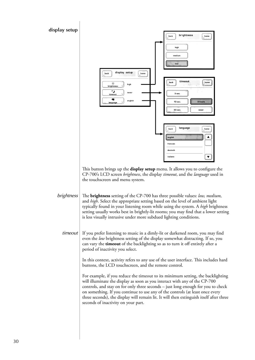 Classe Audio cp-700 owner manual Display setup, Brightness Timeout 