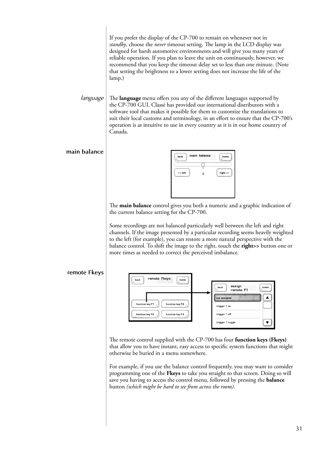 Classe Audio cp-700 owner manual Language, Main balance Remote Fkeys 