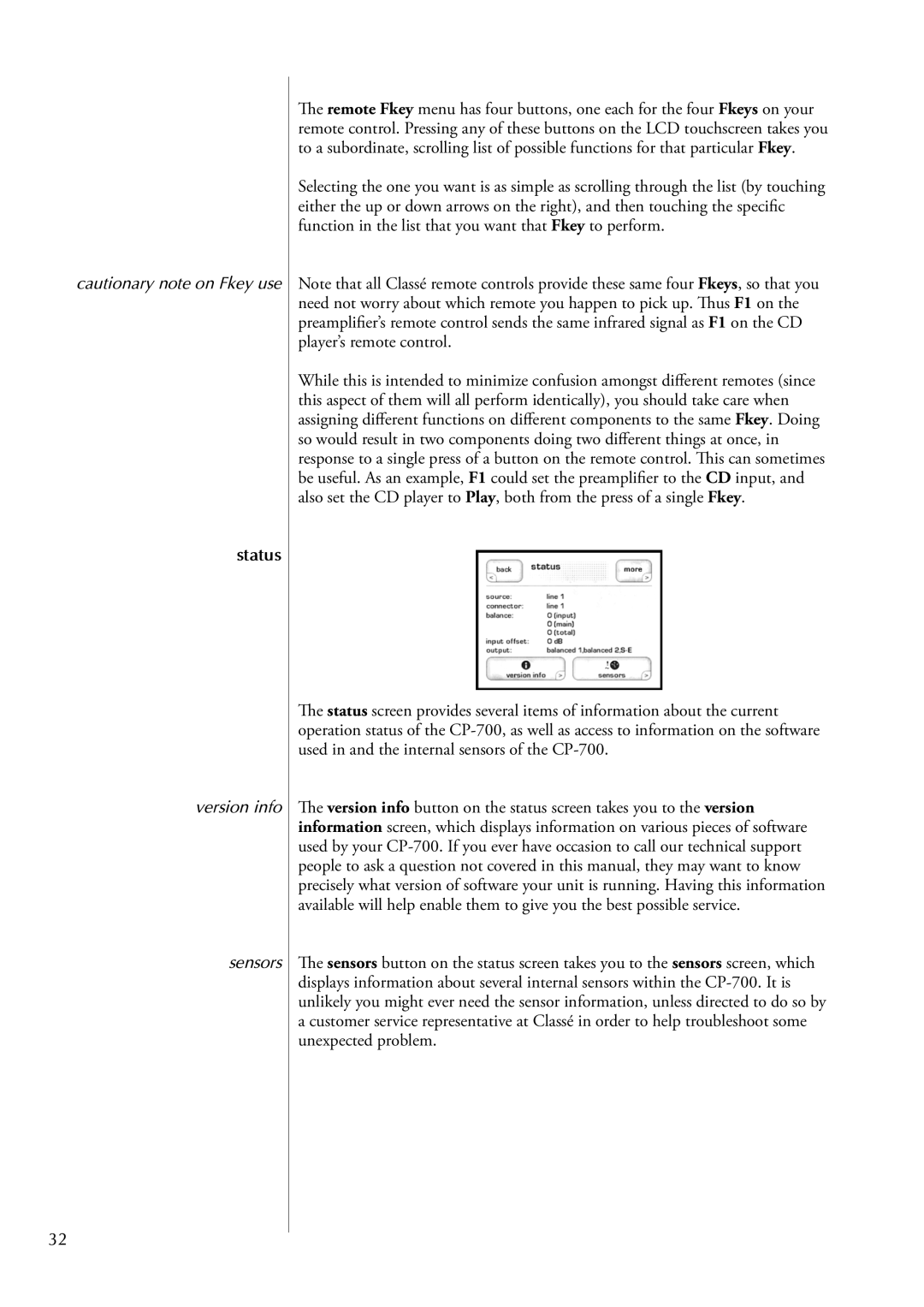 Classe Audio cp-700 owner manual Status, Version info Sensors 