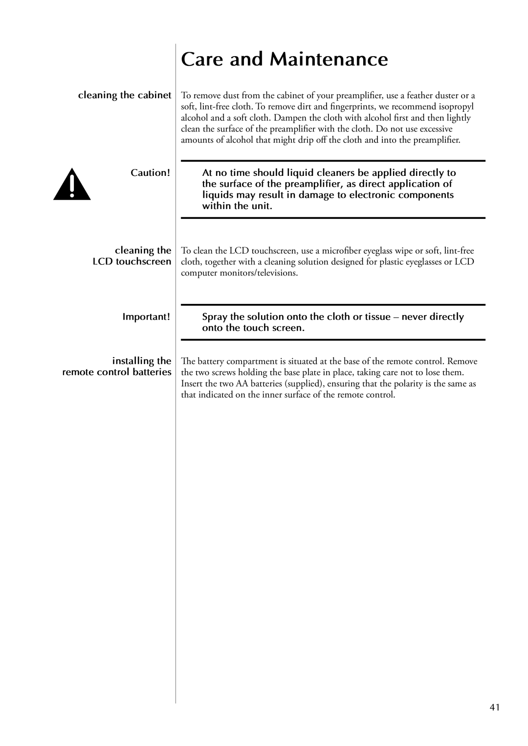 Classe Audio cp-700 owner manual Care and Maintenance, Cleaning the cabinet 