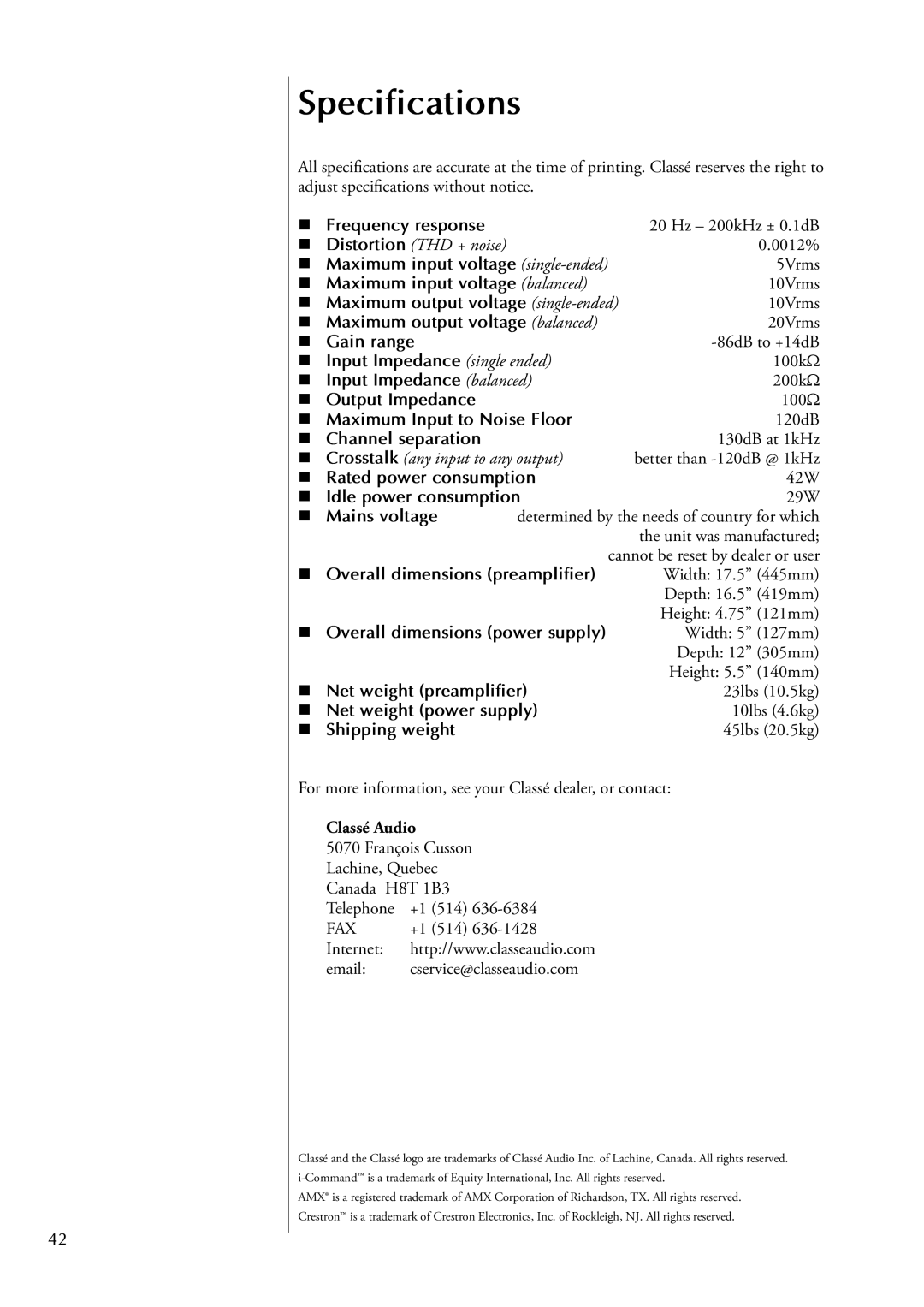 Classe Audio cp-700 owner manual Specifications 