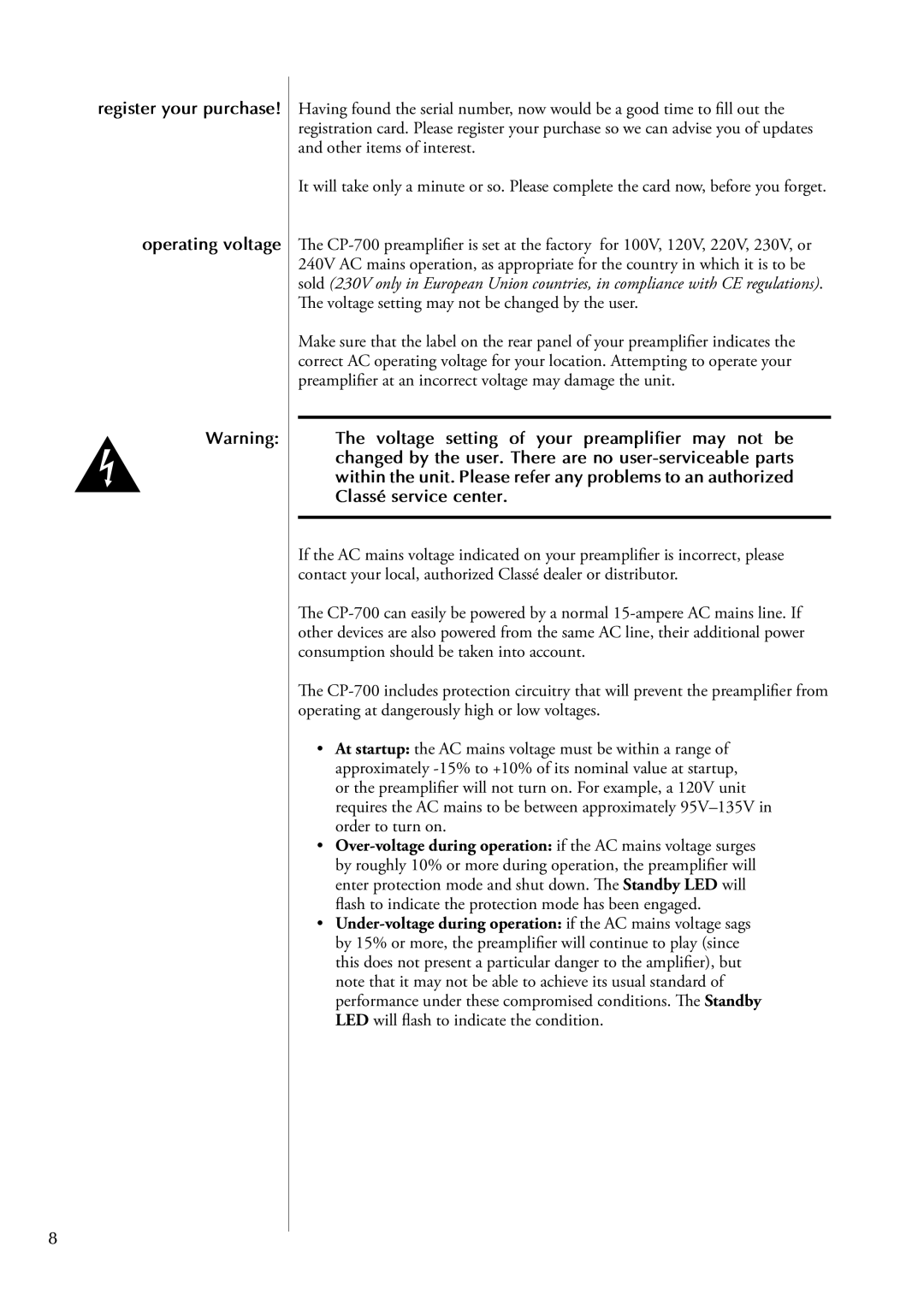 Classe Audio cp-700 owner manual Register your purchase Operating voltage 