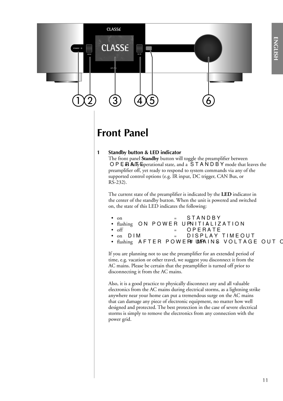 Classe Audio cp-700 owner manual Front Panel, Standby button & LED indicator 