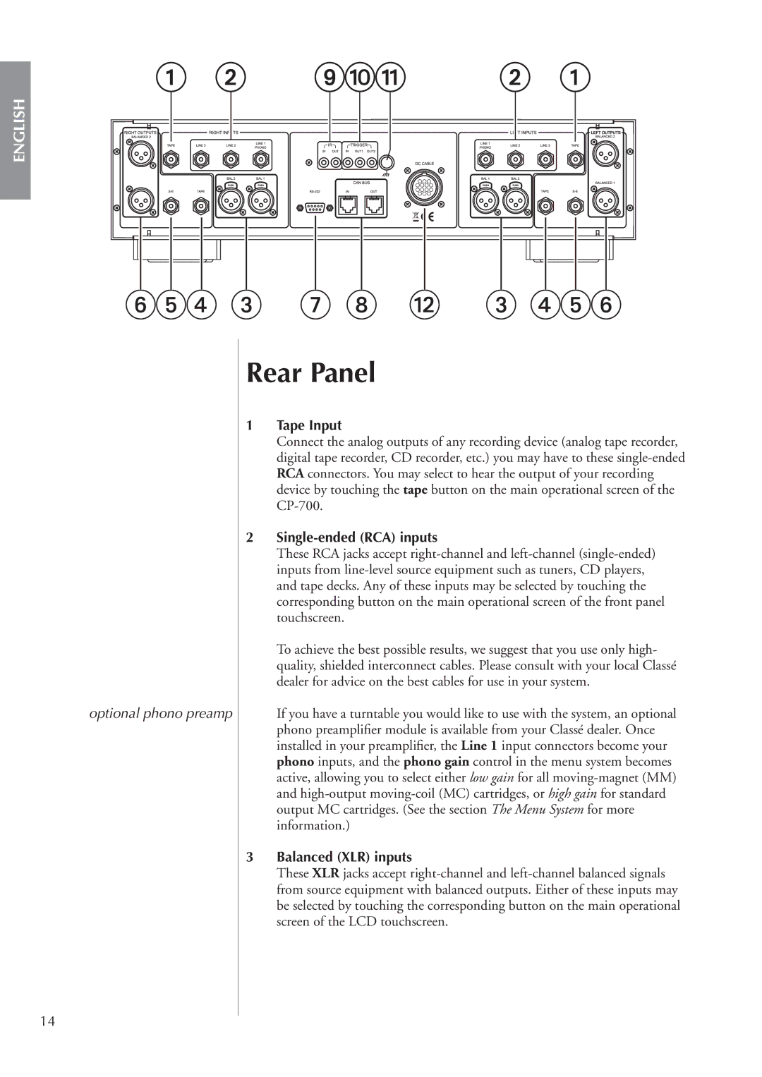 Classe Audio cp-700 Rear Panel, Optional phono preamp, Tape Input, Single-ended RCA inputs, Balanced XLR inputs 