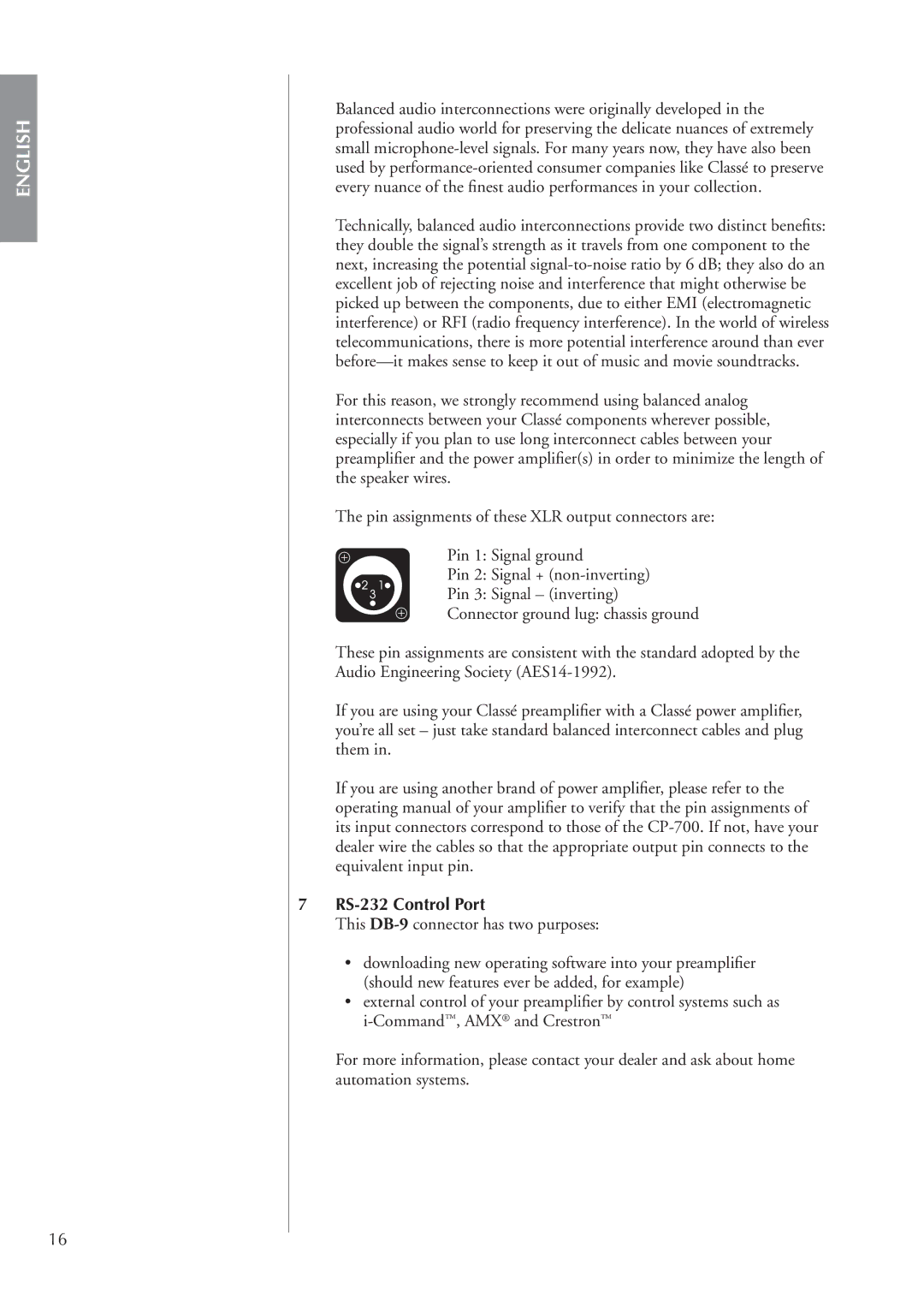 Classe Audio cp-700 owner manual RS-232 Control Port, This DB-9connector has two purposes 