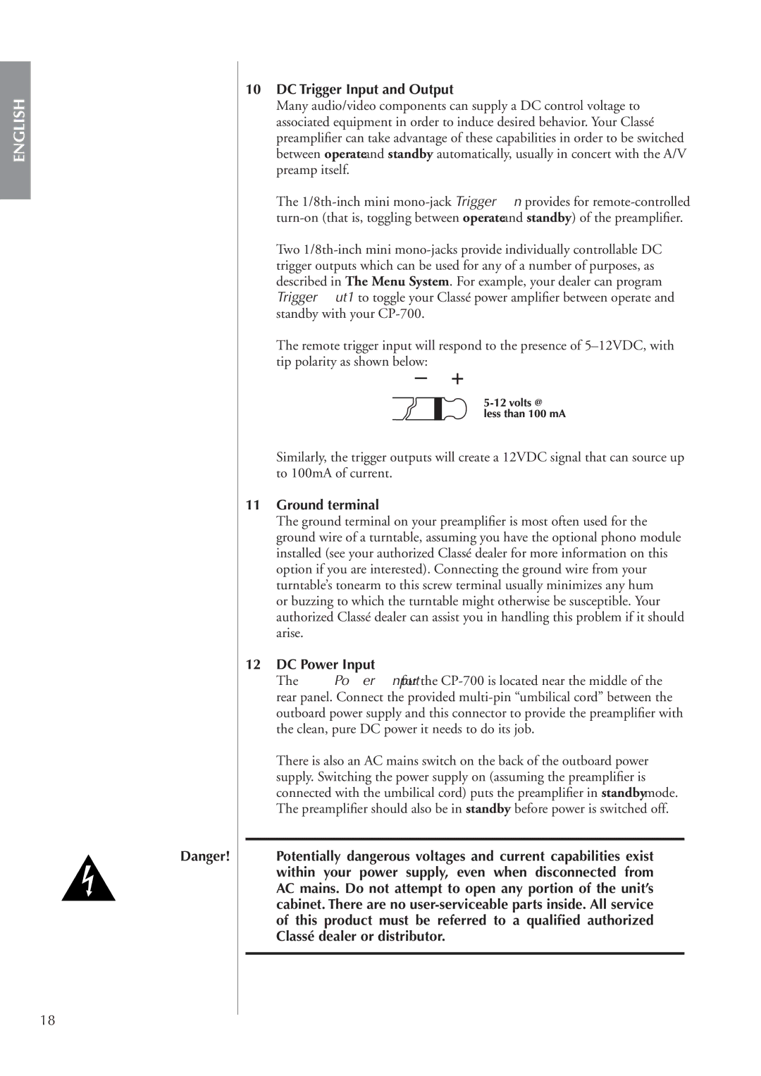 Classe Audio cp-700 owner manual DC Trigger Input and Output, Ground terminal, DC Power Input 