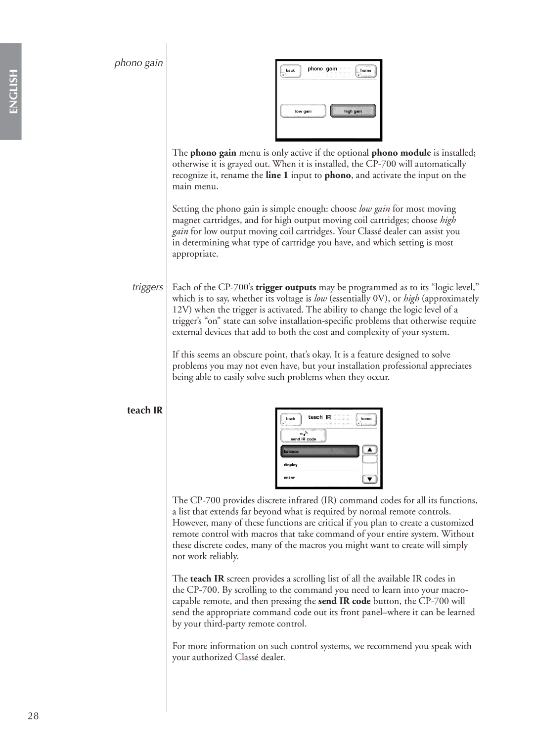 Classe Audio cp-700 owner manual Phono gain, Triggers, Teach IR 