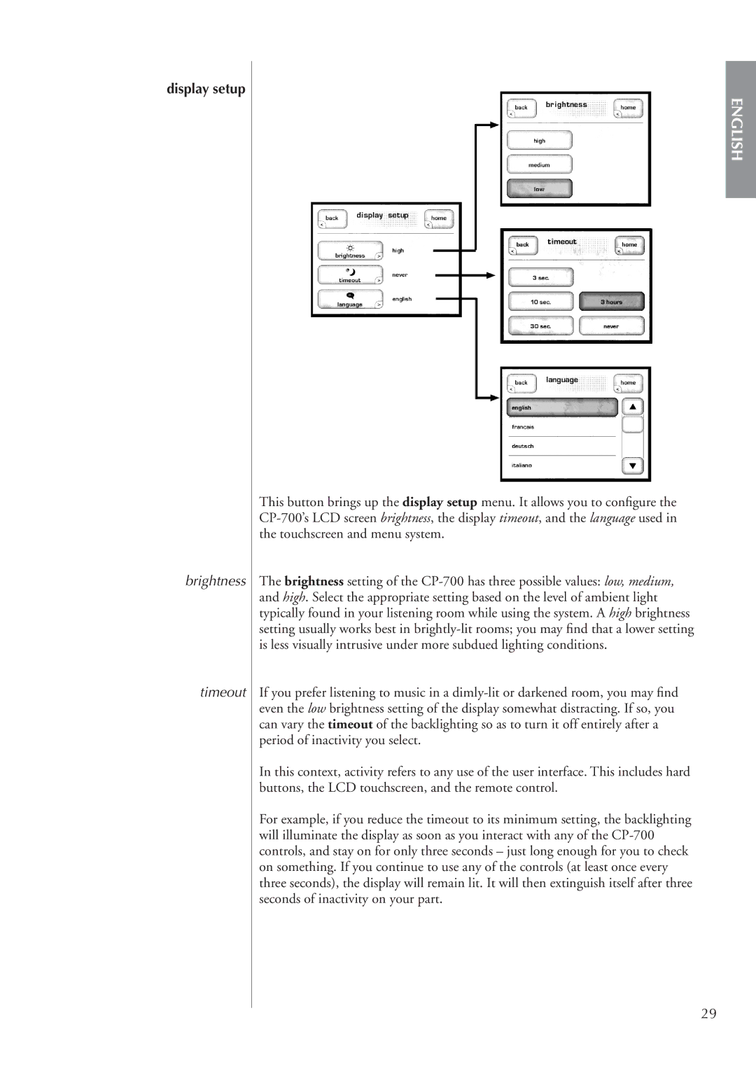 Classe Audio cp-700 owner manual Display setup, Brightness Timeout 