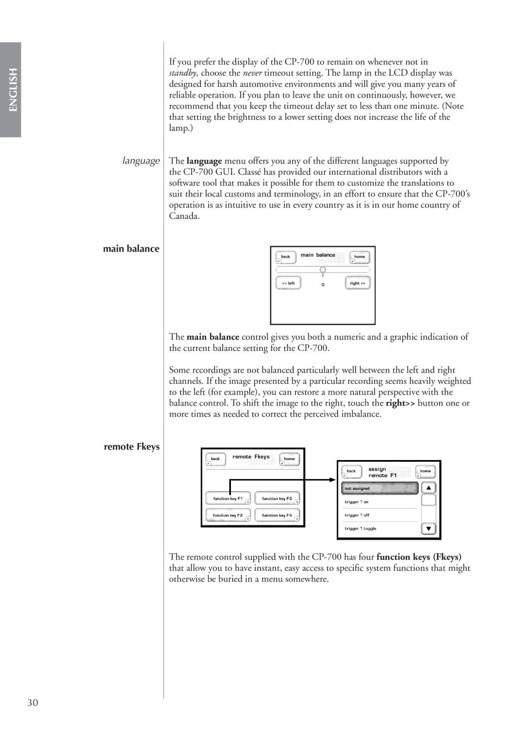 Classe Audio cp-700 owner manual Language, Main balance Remote Fkeys 